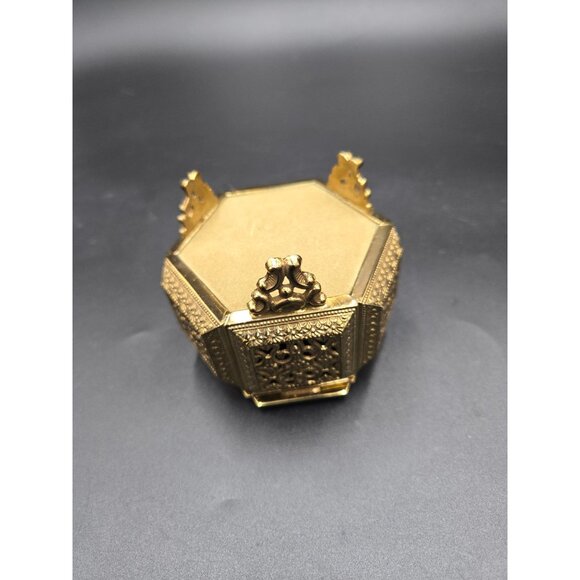 Vintage Ornate Brass & Glass Hexagon Jewelry Box with Filigree Detailing - Picture 8 of 10